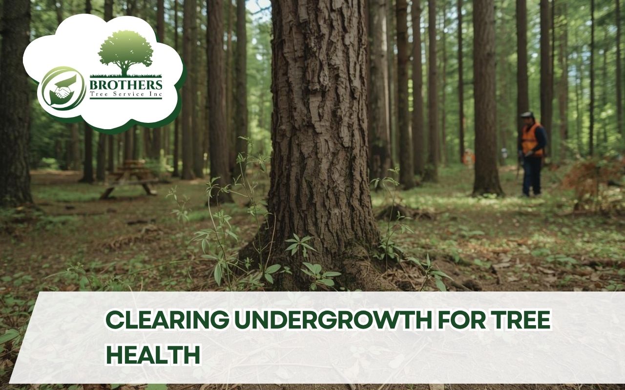 Clearing Undergrowth for Tree Health on a sunny forest floor