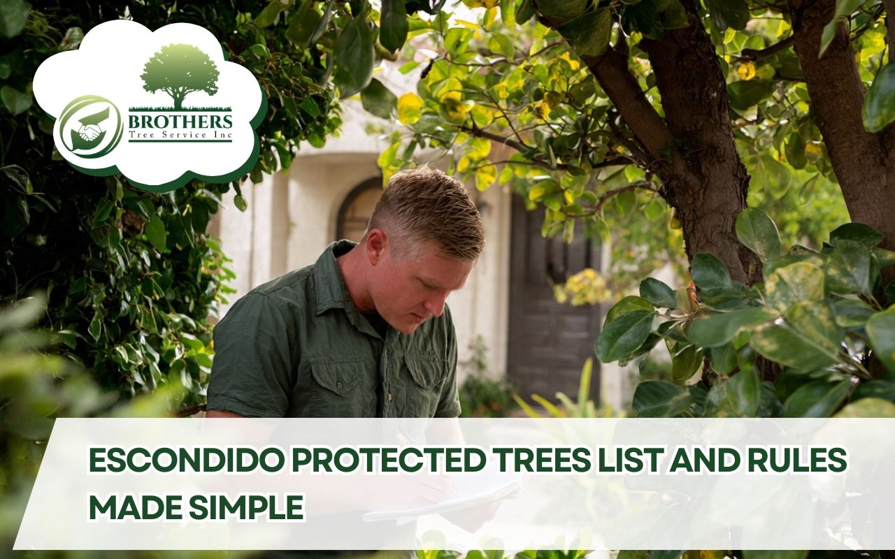 Homeowner reviewing the Escondido protected trees list and rules before planning yard work