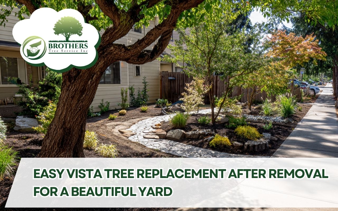 Vista tree replacement after removal with a newly planted native tree in a clean planting ring