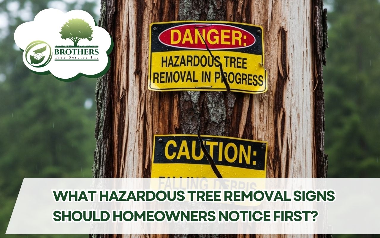 hazardous tree removal signs shown on a cracked tree trunk