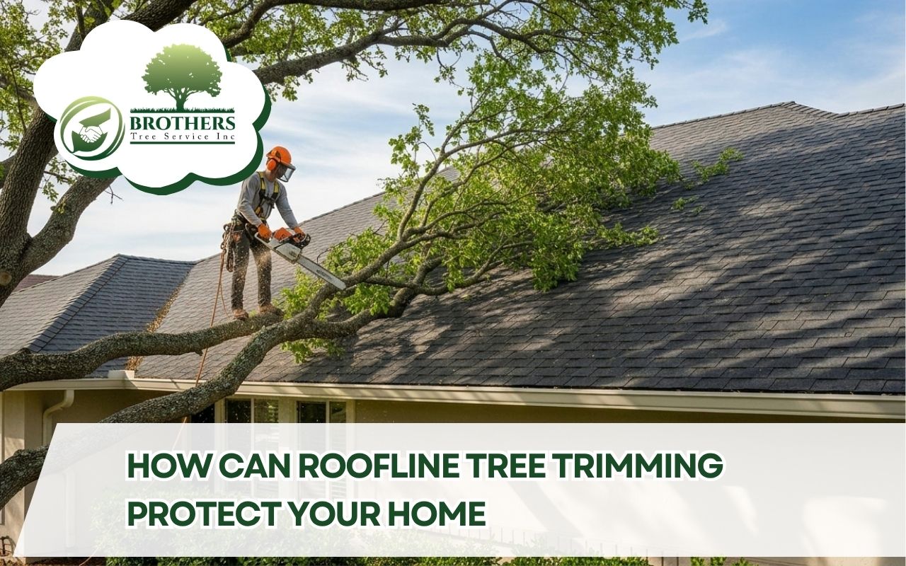 roofline tree trimming near a clean home roofline